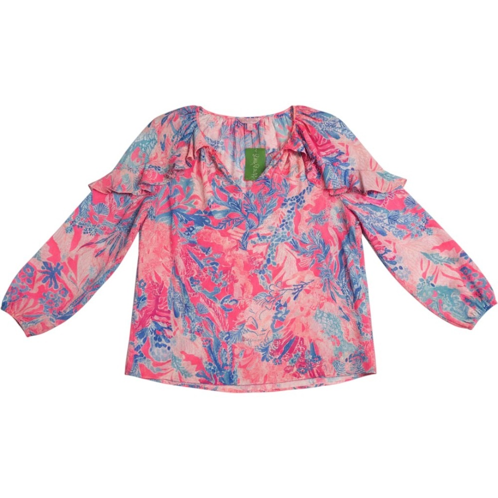 Lilly Pulitzer Elora Top Womens XL Pink Aquadesiac New Ruffle V-Neck‎ Blouse